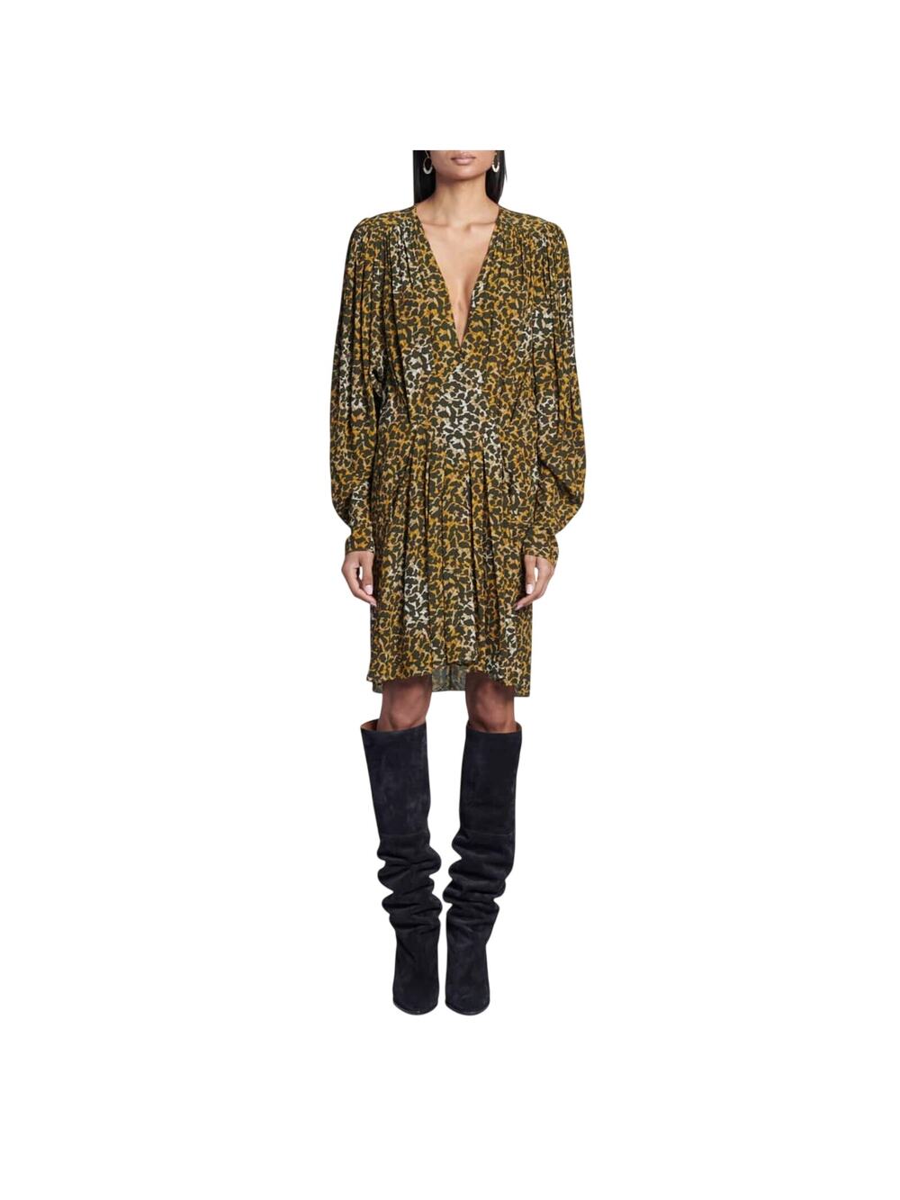 Isabel Marant Elegant Bronze Floral Print V-Neck Dress Size 34